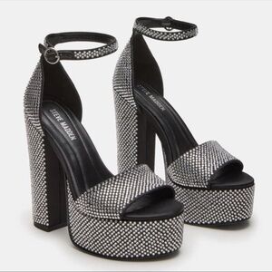 Steve Madden Glam Silver and Black Chunky Block Rhinestone Platform Heels Pumps